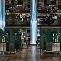 Elegant Restaurant Lobby With Marble Floor Green Plant Wall And Modern Decorations