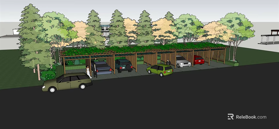 Pergola Covered Parking Area With Trees And Parked Vehicles 3d model 