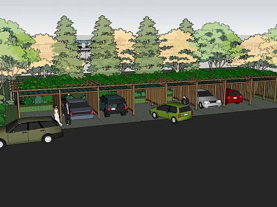 Pergola Covered Parking Area With Trees And Parked Vehicles 3d model