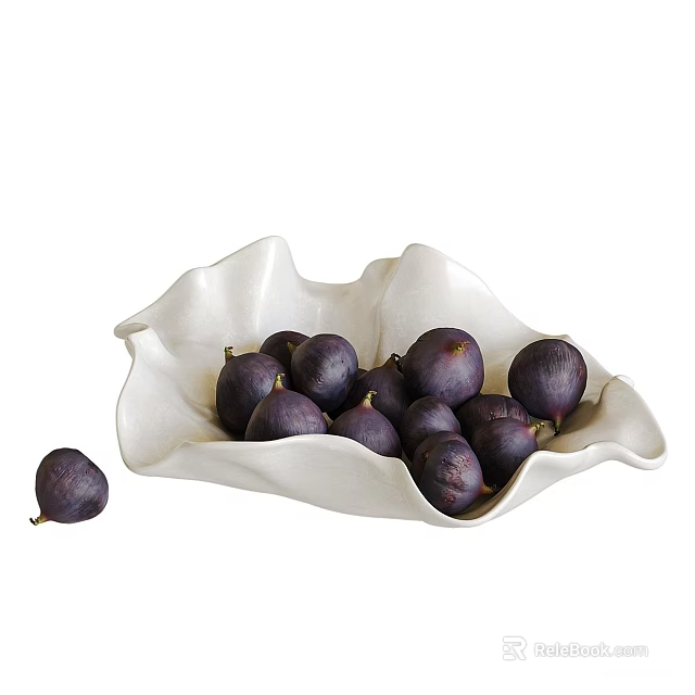 Fresh Purple Figs Arranged in White Shell Shaped Bowl on White Background 3d model 