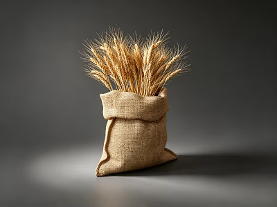 Natural Decorative Ornament Set With Wheat Ears In Burlap Bag On Gray Background 3d model
