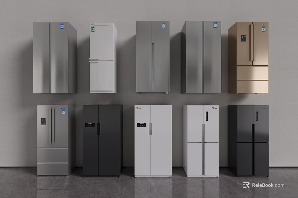 Modern Various Colored Refrigerators And Freezers With Different Designs In Showroom 3d model 