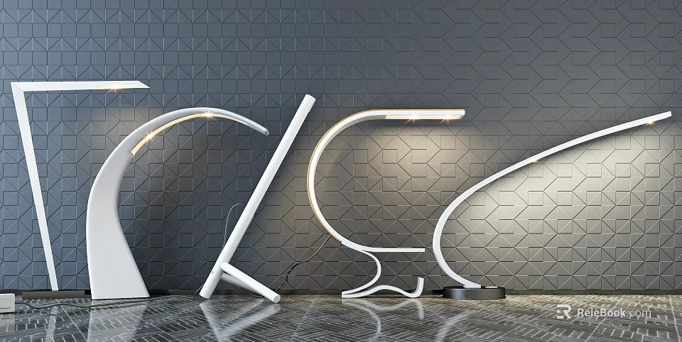 Unique Shaped White Floor Lamps Curved Streamlined Illuminated Against Grey Geometric Wall Dark Tiled Floor 3d model 