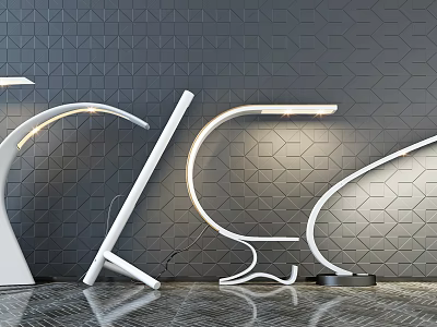 Unique Shaped White Floor Lamps Curved Streamlined Illuminated Against Grey Geometric Wall Dark Tiled Floor 3d model