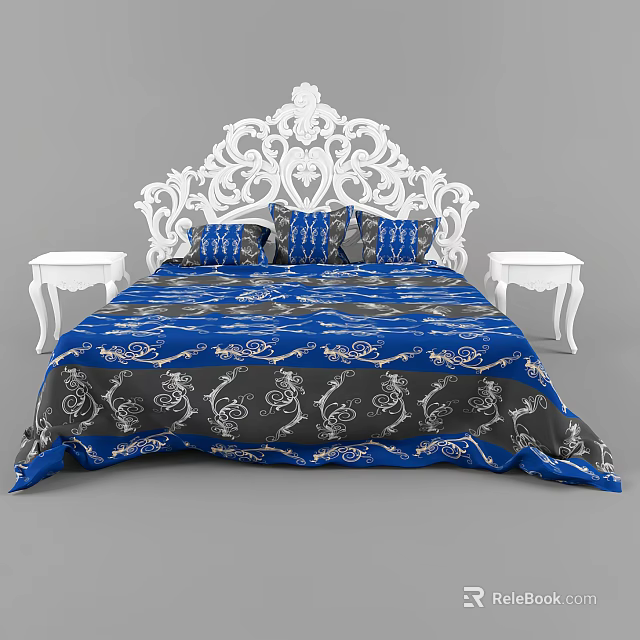 Double Bed With Ornate White Carved Headboard And Blue Gray Patterned Bedding With White Nightstands 3d model 