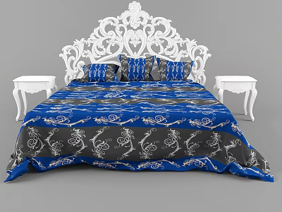 Double Bed With Ornate White Carved Headboard And Blue Gray Patterned Bedding With White Nightstands 3d model