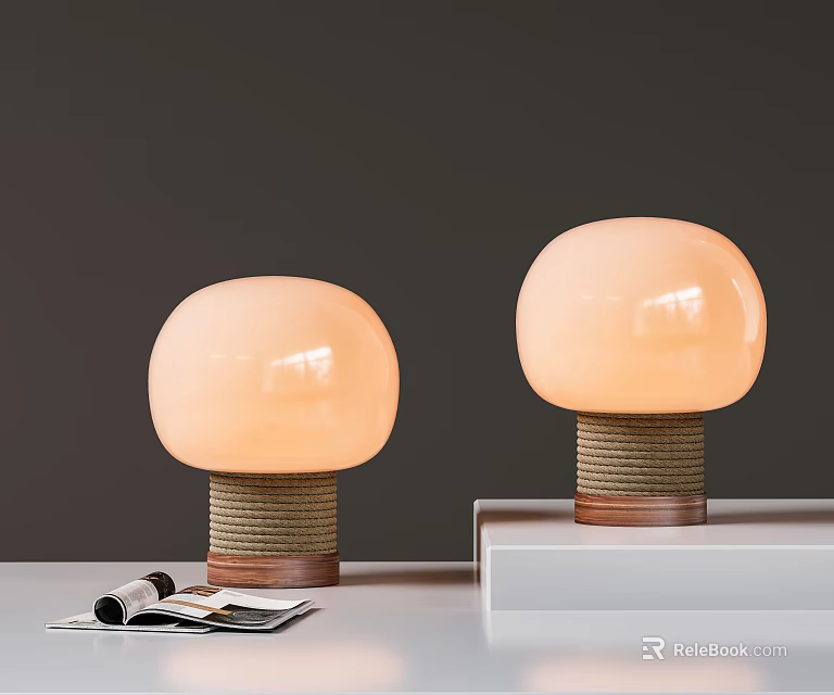 Round Peach Colored Shade Table Lamps With Woven Brown Base On White Table And Magazines 3d model 
