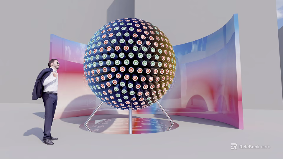 Interactive Zone Featuring Large Sphere With Colorful Patterns And Man Observing Curved Background 3d model 