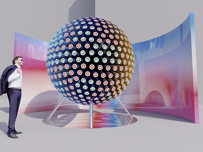 Interactive Zone Featuring Large Sphere With Colorful Patterns And Man Observing Curved Background 3d model