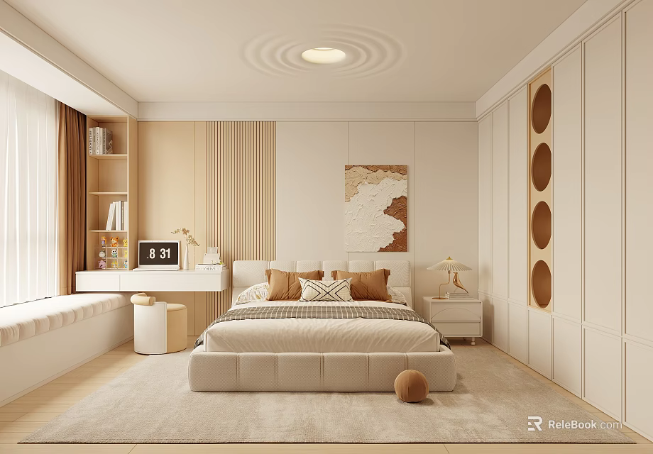 Modern Bedroom Interior With Bed Nightstand Desk Rug Circular Decor And Natural Light 3d model 