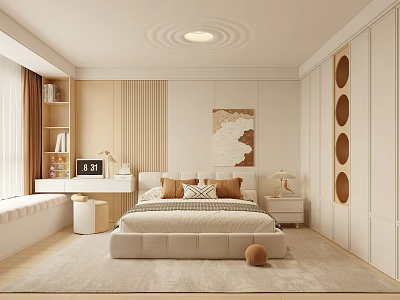 Modern Bedroom Interior With Bed Nightstand Desk Rug Circular Decor And Natural Light 3d model