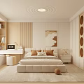 Modern Bedroom Interior With Bed Nightstand Desk Rug Circular Decor And Natural Light