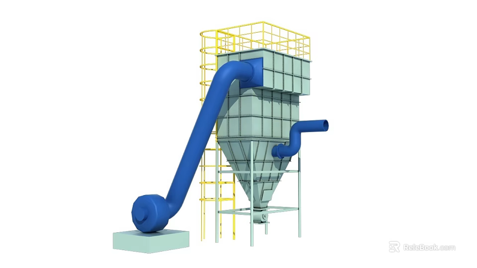 Industrial Equipment Featuring Conical Structure Blue Pipelines Yellow Ladders And Platforms 3d model 