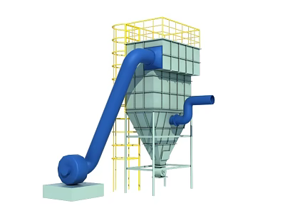 Industrial Equipment Featuring Conical Structure Blue Pipelines Yellow Ladders And Platforms 3d model