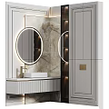 Modern Bathroom Washbasin Design With Round Lighting Mirror Marble Wall And Wooden Countertop