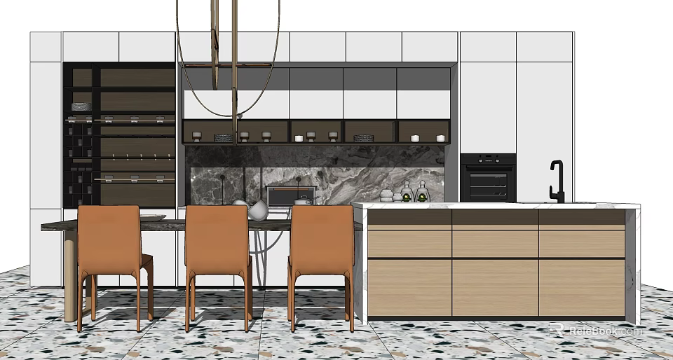 Modern Dining Table Set With Brown Chairs Marble Countertop And Kitchen Cabinets 3d model