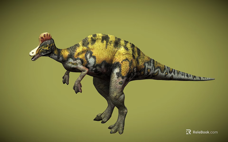 Detailed Colorful Reptile Dinosaur with Red Crest and Yellow Black Stripes in Walking Pose 3d model 