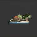 Cartoon Tropical Island Scene With Palm Trees Wooden Hut Slide And Swimming Pool