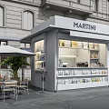 Martini Kiosk Exterior Featuring Outdoor Seating Orange Chairs And Product Displays