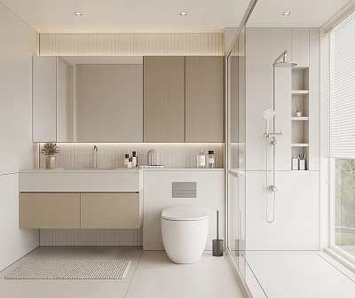 Modern Minimalist Bathroom Interior With Vanity Cabinets Mirror Toilet And Glass Shower Enclosure 3d model