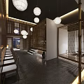 Japanese Restaurant Interior Design With Wooden Partitions Round Pendant Lights And Open Space