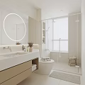 Modern Bathroom Interior Featuring Circular Mirror White Sink Counter Wooden Cabinets Glass Shower And Toilet