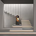 Modern Gray Staircase With Illuminated Steps And Leather Armchair Interior Design