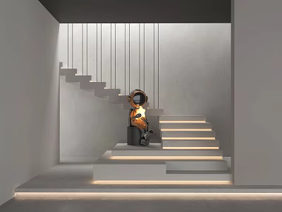 Modern Gray Staircase With Illuminated Steps And Leather Armchair Interior Design 3d model