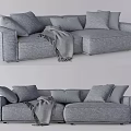 Grey Sectional Sofa with Woven Texture Multiple Cushions and Throw Blanket 3d model