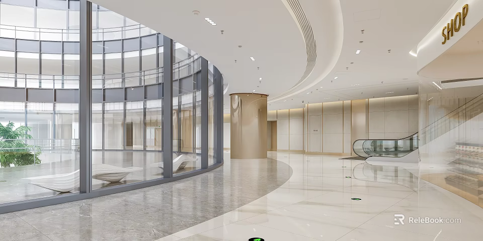 Modern Spacious Office Hallway Interior Design With Glass Walls Marble Flooring Curved Structure And Escalator 3d model 
