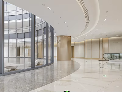 Modern Spacious Office Hallway Interior Design With Glass Walls Marble Flooring Curved Structure And Escalator 3d model