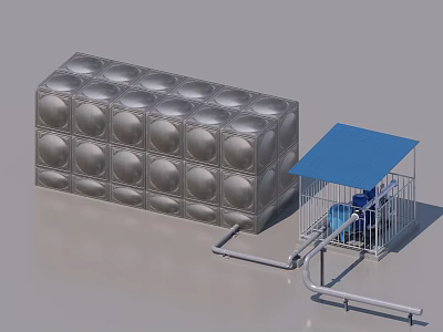 Industrial Stainless Steel Water Tank With Covered Pump System And Connecting Pipeline 3d model
