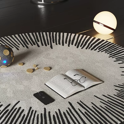 Open Book With Eyeglasses Mobile Phone On Round Black Striped Decorative Rug 3d model