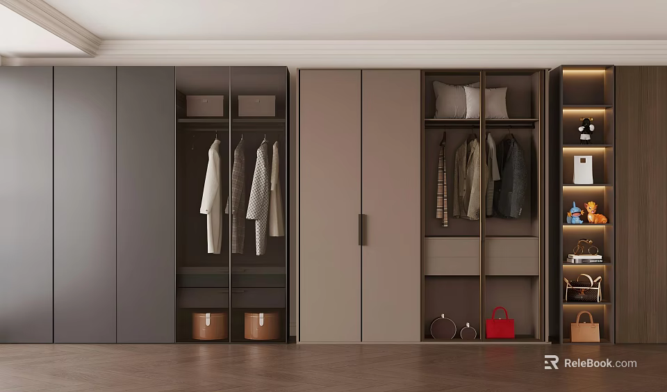 Modern Wardrobe Interior With Sliding Doors Hanging Rods Storage Boxes And Bag Compartments 3d model 