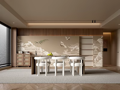 Modern Living Room Interior With Wooden Wall Landscape Painting Dining Table And White Chairs 3d model