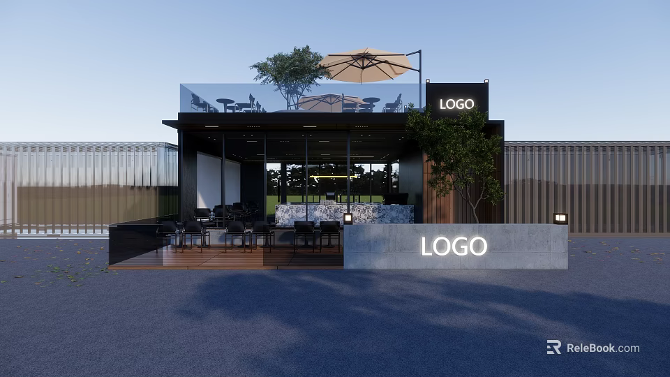 Modern Storefront Facade Design With Glass Structure Outdoor Seating Logo Sign And Greenery 3d model 