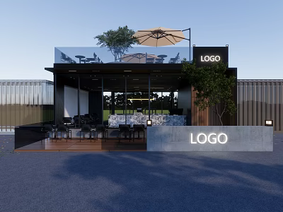 Modern Storefront Facade Design With Glass Structure Outdoor Seating Logo Sign And Greenery 3d model