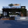 Modern Storefront Facade Design With Glass Structure Outdoor Seating Logo Sign And Greenery