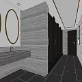 Public Restroom Interior With Multiple Sinks Round Mirrors Gray Walls And Black Tiled Floor