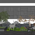 Modern Indoor Landscape With Green Plants Rockery Deer Sculpture And Stone Wall