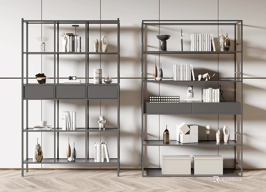 Modern Metal Frame Bookcase With Multiple Shelves Books Decorative Items And Storage Boxes 3d model 