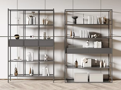 Modern Metal Frame Bookcase With Multiple Shelves Books Decorative Items And Storage Boxes 3d model