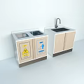Laboratory Light Wooden Workstations With Two Countertops Sink Faucet Biohazard Sign And Recycling Symbol