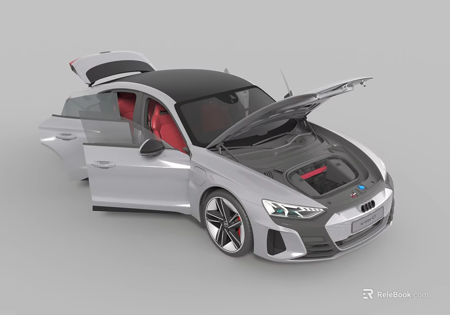 Silver Sports Car With Open Doors Hood And Red Interior Seats 3d model 