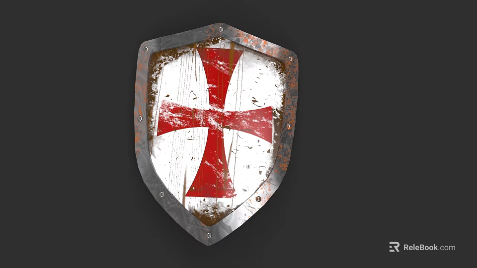 Rustic Medieval Shield Weapon With Red Cross Design White Background And Metal Border 3d model 