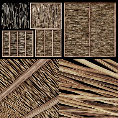 Various Woven Architectural Components With Wooden Frames And Intricate Grille Designs 3d model