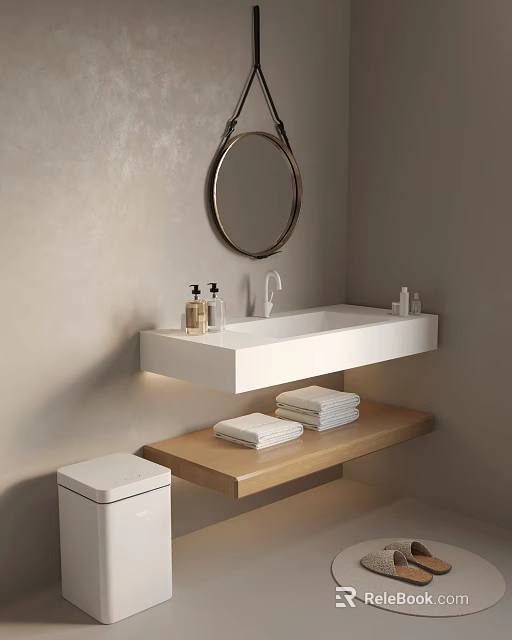 Modern Bathroom Interior With Wall Mounted White Sink Round Mirror Wooden Shelf Towels And Toilet 3d model 