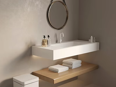 Modern Bathroom Interior With Wall Mounted White Sink Round Mirror Wooden Shelf Towels And Toilet 3d model