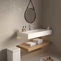 Modern Bathroom Interior With Wall Mounted White Sink Round Mirror Wooden Shelf Towels And Toilet