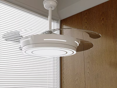 Ceiling Mounted White Air Conditioning Fan With Light And Window Blinds Wooden Wall 3d model